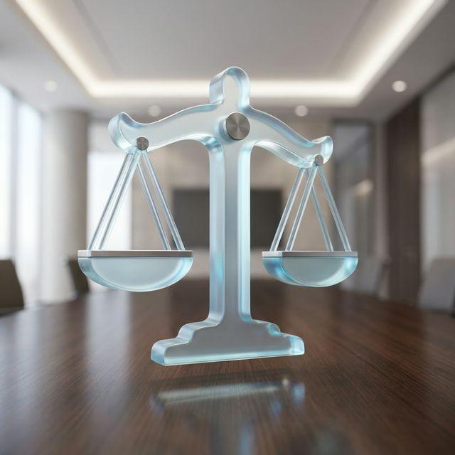 Justice scales displayed in a modern legal office setting